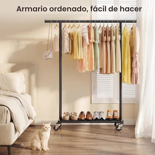 Miniatura 8 de Perchero para colgar ropa, 45 pulgadas de ancho, perchero de metal con ruedas, perchero portátil para dormitorio, lavandería, color negro