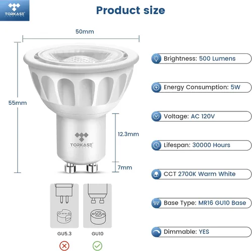 Miniatura 5 de Torkase - Bombilla LED GU10, atenuable MR16 2700K blanco cálido, 120V 500LM luz en riel 5W (equivalente a 50W), ahorro de energía del 90%, ángulo