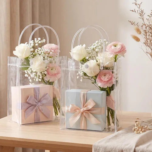 Miniatura 4 de Saintrygo 50 bolsas de regalo de plástico transparente con asas, bolsas de regalo de plástico reutilizables de PVC, bolsa de regalo de plástico