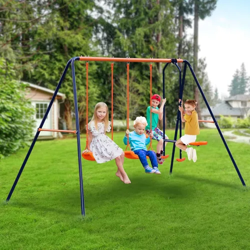 Miniatura 2 de SUPER DEAL Juego de columpios para exteriores para niños, 2 asientos y 1 planeador de 440 libras de metal resistente con marco en A para patio