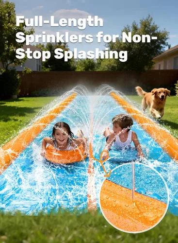 Miniatura 3 de Sloosh Tobogán acuático de doble carril, tobogán de agua resistente de 25 x 6 pies con aspersor y 2 tablas inflables para adultos y niños, fiesta