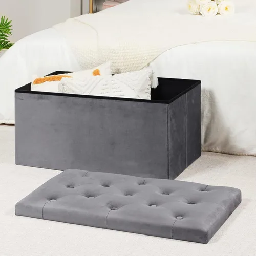 Miniatura 2 de B FSOBEIIALEO Otomana de Almacenamiento Plegable, Banco Largo de Zapatos Otomanas, Asiento Reposapiés de Cofre de Almacenamiento de Terciopelo Gris