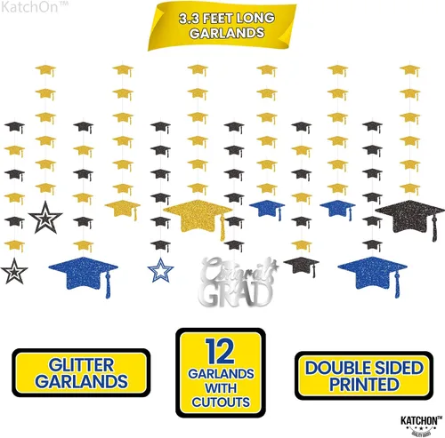 Miniatura 3 de KatchOn, Guirnalda de gorra de graduación con purpurina, 12 cuerdas, sin bricolaje, decoraciones de graduación azules y doradas 2025, decoraciones