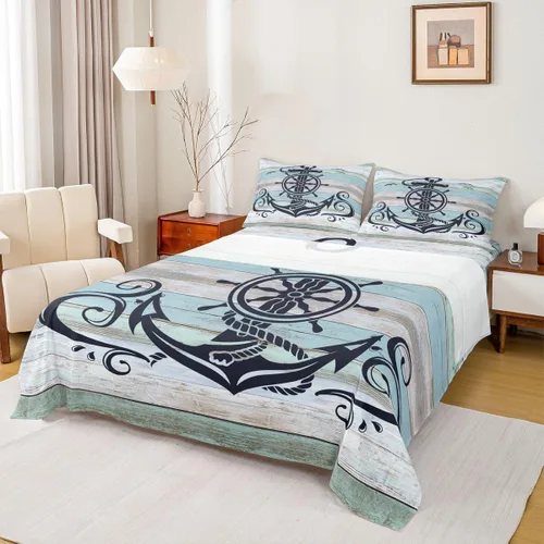 Miniatura 21 de Erosebridal Juego de sábanas de ancla náutica, sábanas de brújula oceánica, tamaño individual para niños, adolescentes, adultos, decoración