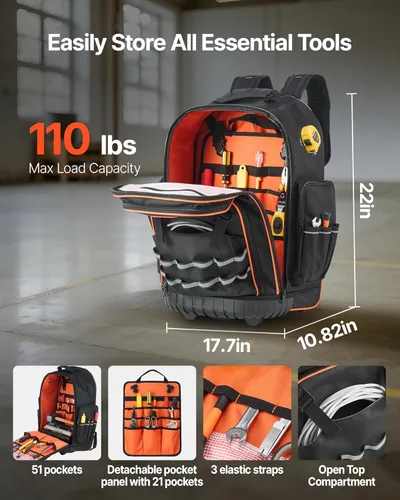 Miniatura 2 de VEVOR Mochila para herramientas rodantes, capacidad de carga de 110 libras, 72 bolsillos, bolsa de herramientas resistente sobre ruedas, mango