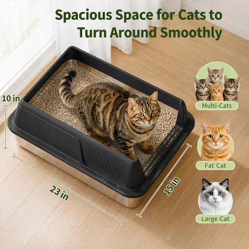 Miniatura 3 de Gimars Paquete de 2 cajas de arena de acero inoxidable XL para gatos grandes y mayores, bandeja de arena de metal para gatos múltiples con lados