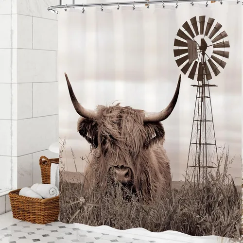 Cortina de ducha rústica con molino de viento y vaca de las tierras altas, 72x72 pulgadas, juego de cortinas de ducha de toro marrón estilo granja,