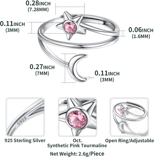 Miniatura 6 de ChicSilver Anillo de luna y estrella de plata de ley 925 con piedra natal luna creciente ajustable anillo de banda abierta regalo de cumpleaños