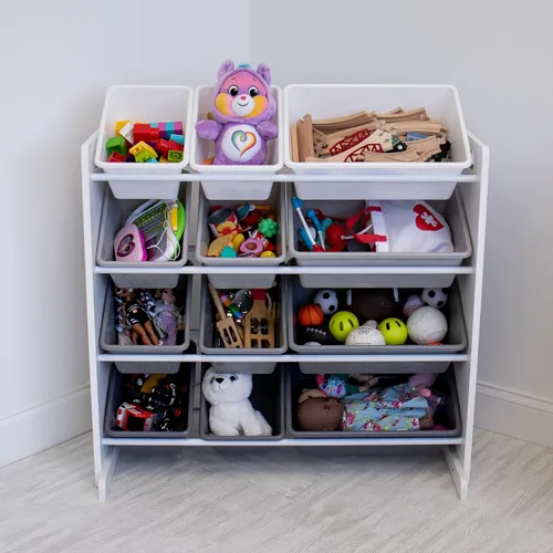 Miniatura 2 de Organizador de juguetes de 12 compartimentos – Marco degradado blanco/gris con pizarra, borrador y tiza, almacenamiento de varios niveles para salas
