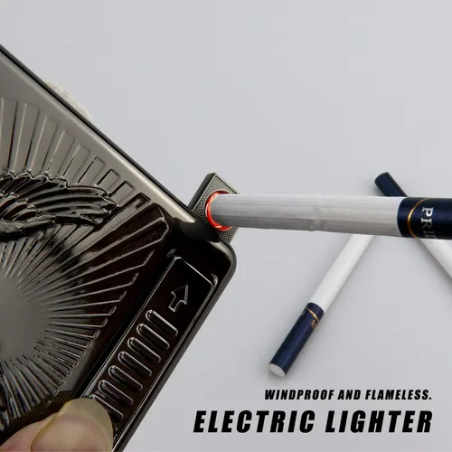 Miniatura 7 de Juego de 20 piezas de soporte de metal para cigarrillos, encendedor de arco con águila 3D recargable, encendedor de arco eléctrico, resistente al