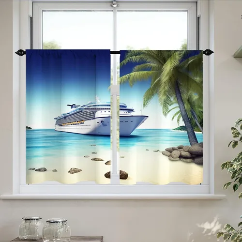 Miniatura 13 de Cortinas cortas de cocina con diseño náutico de tortugas marinas azules y playas, media cortina de baño para dormitorio, juego de 2 paneles de 27.5