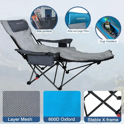 Miniatura 6 de Silla de camping reclinable de 4 posiciones con reposapiés, cómoda para adultos, tumbona plegable de 265 libras, silla de playa de malla con bolsa