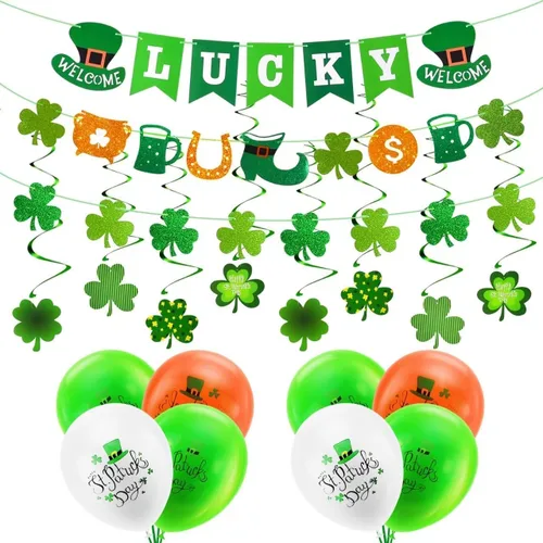 Miniatura 5 de AhfuLife Decoraciones del día de San Patricio, 60 piezas de decoraciones colgantes de trébol, guirnalda de trébol verde para suministros de fiesta