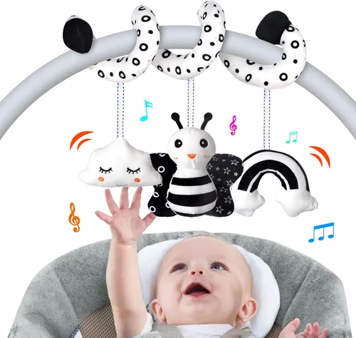 SAMMAS Juguetes para asiento de coche, juguetes colgantes de actividad en espiral para bebé, juguetes para cochecito y cuna con sonajero y
