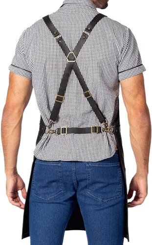 Miniatura 4 de Under NY Sky Delantal de cuero – correas cruzadas, pierna dividida, remachado, forrado – Piel auténtica para barberos, chef, camarero, barista Negro