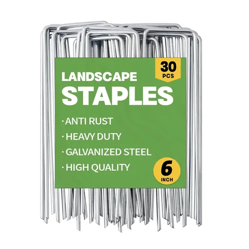 Miniatura 10 de Grapas galvanizadas de 6 pulgadas, paquete de 120 estacas de jardín de calibre 11, pasadores de paisaje en forma de U, tela resistente para barreras
