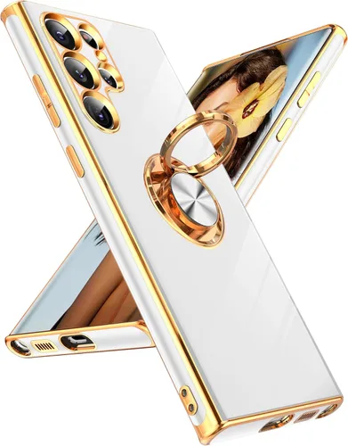 Miniatura 35 de LeYi Funda para Samsung Galaxy S22 Ultra con soporte de anillo giratorio de 360°, soporte magnético, chapado en oro rosa, borde protector para Negro