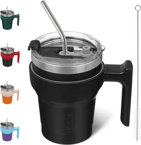 Miniatura 17 de BJPKPK Vaso con asa de acero inoxidable de 20 onzas, con aislamiento de doble pared, con tapa y pajita, color rosa claro A-rosa claro