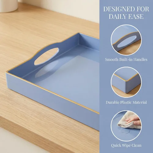 Miniatura 3 de Bandeja de servir azul con 4 asas, bandeja decorativa de plástico para mesa de café, otomana - Ideal para sala de estar y baño. 15 x 11 x 1.9