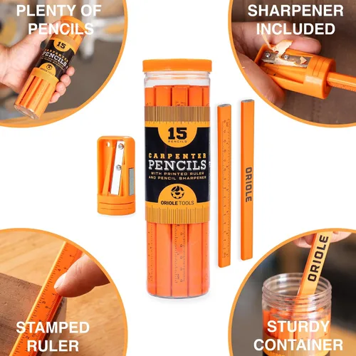 Miniatura 7 de Lápices de carpintero, paquete de 15 con sacapuntas y contenedor de almacenamiento, lápices planos de construcción para enmarcar, carpintería