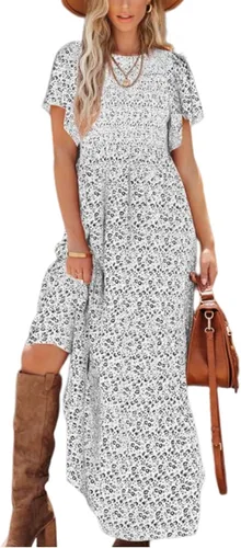 Miniatura 27 de PRETTYGARDEN - Vestido largo casual de verano para mujer, manga corta acampanada, bohemio, floral, cuello redondo, vestido blusón, escalonado