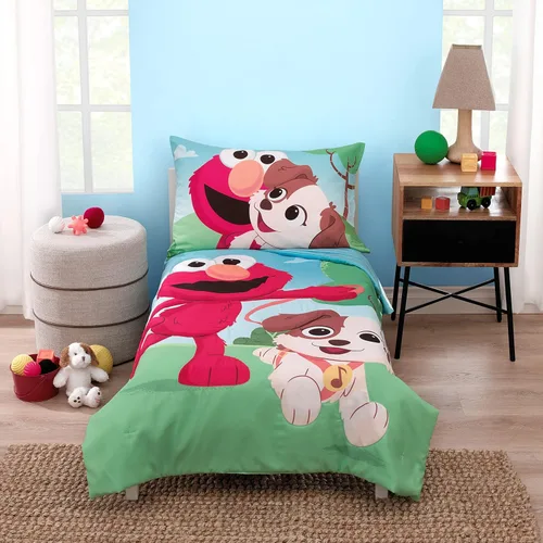 Sesame Street Furry Friends - Juego de ropa de cama infantil de 4 piezas con diseño de elmo y cachorro azul, verde y rojo – edredón, sábana bajera