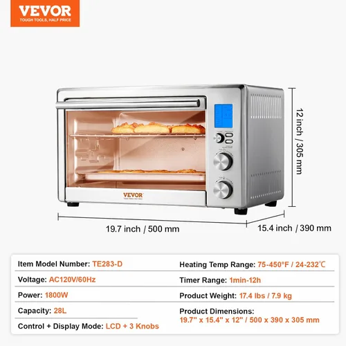 Miniatura 7 de VEVOR Horno tostador con freidora de aire, 28L/29.6 cuartos de galón, gran capacidad, horno de convección funcional 13 en 1, horno tostador de 2
