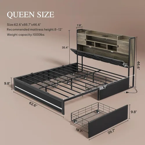 Miniatura 2 de DWVO Base de cama tamaño Queen con luces LED RGB y cabecera de estantería de almacenamiento, cama tapizada con estación de carga y 4 cajones,