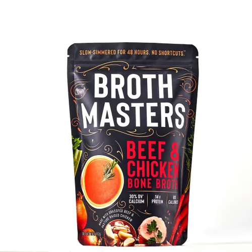 BrothMasters Caldo de hueso: paquete de 20 (16 onzas cada uno) Huesos de carne alimentados con pasto, huesos de pollo criados en pastos y verduras