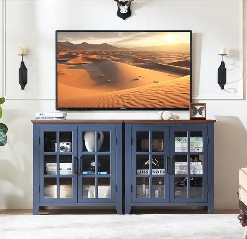 Miniatura 3 de Aparador Grande Buffet con Almacenamiento, 32" Mueble de Cocina Estilo Granja Azul Marino para Café y Vino con 2 Puertas de Vidrio, Mesa Aparador