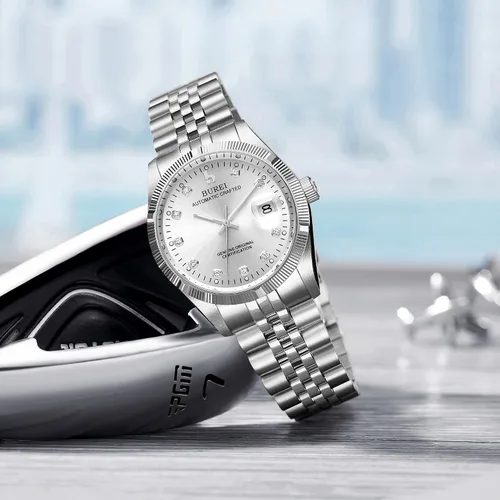 Miniatura 4 de BUREI Reloj automático para hombre, con fecha, pulsera de acero inoxidable, pulsera ajustable para hombre