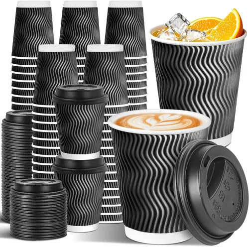Paquete de 100 Tazas de Café Desechables de 8 oz con Tapas, Tazas de Café Aisladas Gruesas Para Llevar para Bebidas Calientes/Frías, Tazas de Pared