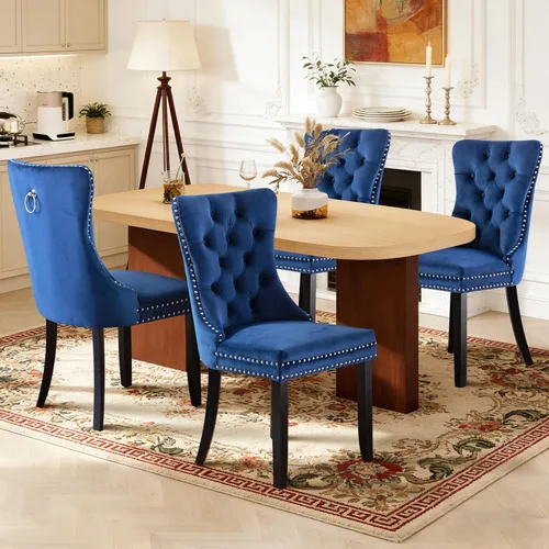 Miniatura 45 de Juego de 4 sillas de comedor de terciopelo, sillas de comedor tapizadas con ribete de cabeza de clavo y patas de madera maciza para cocina
