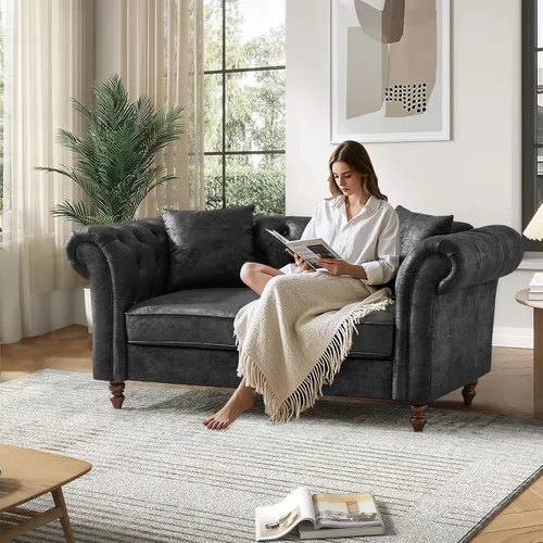 Chesterfield Tech - Sofá biplaza de tela de 66 pulgadas, tapizado de tela de alta tecnología, con brazos enrollados, moderno de mediados de siglo,