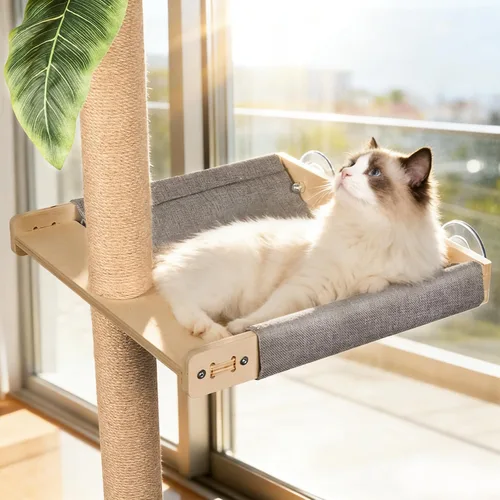 Miniatura 6 de XiaZ Percha para ventana para gatos con poste rascador alto, hamaca de ventana para gatos de 58 pulgadas con condominio para gatos, poste rascador