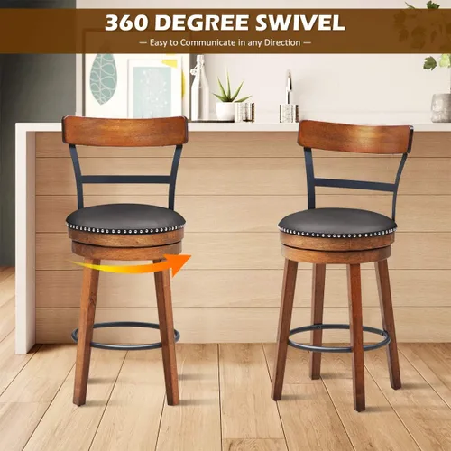 Miniatura 4 de COSTWAY Juego de 2 taburetes de bar, taburetes giratorios de 360 grados con asiento acolchado de cuero, respaldo de escalera de un solo listón
