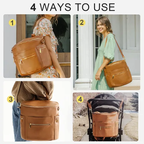 Miniatura 4 de miss fong Mochila para pañales, bolsa de bebé, bolsa de pañales de cuero, bolsa de pañales con bolsas cruzadas para pañales, Miss Fong Paquete