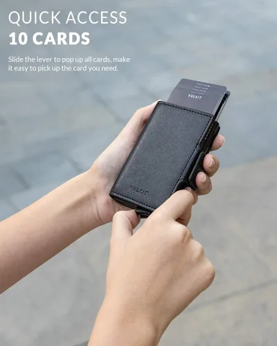 Miniatura 2 de VULKIT Tarjetero de cuero con bloqueo RFID, billetera desplegable automática con bloqueo RFID, cartera magnética para tarjetas doble para hombres