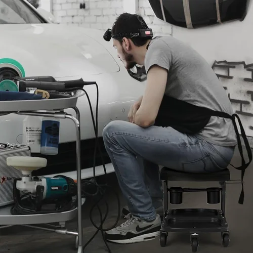 Miniatura 9 de M-AUTO Asiento de rodillo para garaje, taburete de taller mecánico resistente con bandeja para herramientas y estante para equipos, asiento