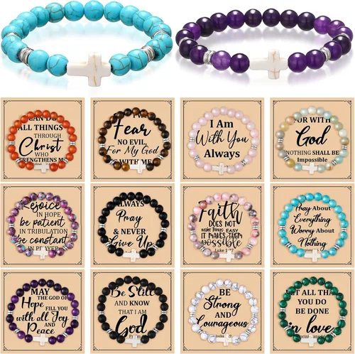 Miniatura 11 de Cunno Juego de 12 Pulseras de Cruz Cristiana al Por Mayor, Pulseras de Cuentas de Cruz Religiosa para Mujeres y Hombres, 12 Cosas de Cuentas