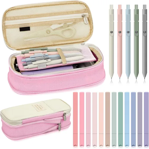 Miniatura 8 de Henoyso Juego de 18 suministros escolares estéticos que incluyen bolsa para bolígrafos de estudio de gran capacidad con cremallera, 12 marcadores