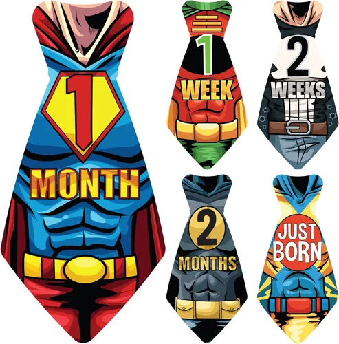 Miniatura 3 de 17 corbatines Original Stick'Nsnap (TM) para pegar en monos de bebé, con mensajes por mes, serie "Happy Heroes" (TM). Acontecimientos para 12 meses