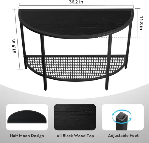 Miniatura 3 de SAYGOER Mesa de consola negra media luna de dos niveles, mesa estrecha para entrada con almacenamiento, mesa moderna para sofá, mesas pequeñas