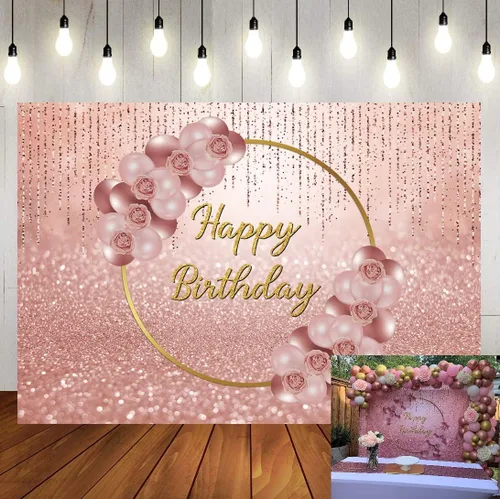 Fondo de cumpleaños rosa dorado con purpurina y flores de rosa, 7 x 5 pies, para niñas, dulces 16, 21, 30 años, decoración de pastel de fiesta, mesa