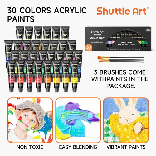 Miniatura 8 de Juego de 48 pinturas acrílicas para niños, Shuttle Art 30 colores de pintura acrílica con caballete de madera, lienzo, bloc de pintura, pinceles