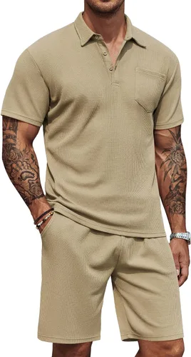Miniatura 38 de COOFANDY Conjunto de camisa polo y pantalones cortos de punto gofre para hombre, conjunto de 2 piezas, traje de verano casual con bolsillos