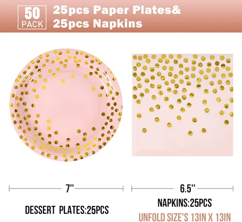 Miniatura 2 de Platos de Papel Rosa y Dorado - Paquete de 50 - 25 * 7 pulgadas Platos de Papel y 25 * 6.5 pulgadas Servilletas, Platos y Servilletas Rosa Dorado