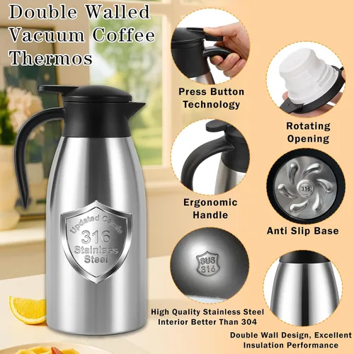 Miniatura 6 de 2 jarras de café aisladas de 60 onzas, jarra térmica de acero inoxidable para líquidos calientes, dispensador de termo de café de doble pared