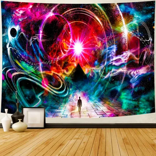 Miniatura 7 de Delur Tapiz Boho de Montaña con Puesta de Sol, Tapiz de Paisaje Natural de Bosque y Árbol para Colgar en la Pared, Tapiz Abstracto Psicodélico