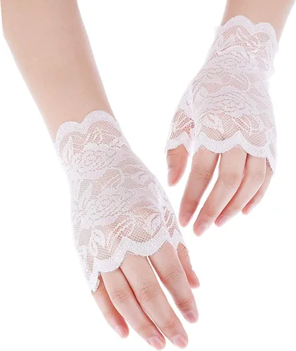 Miniatura 4 de 3 pares de guantes de encaje para mujer, sin dedos, cortos, floral, para boda, fiesta